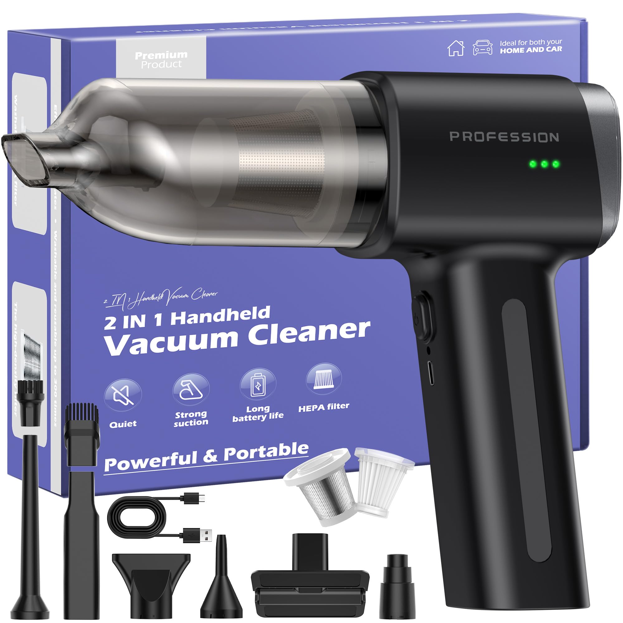 Handstaubsauger Handstaubsauger Akku Autostaubsauger Stark 28000Pa 4-in-1 für Auto Tierhaare Innenraum Haushalt (Schwarz)