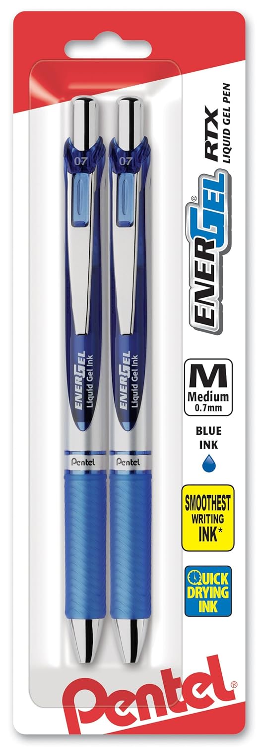 Pentel EnerGel Deluxe RTX Retractable Liquid Gel Pen 0 7mm Metal Tip Blue Ink 2 Pack BL77BP2C
