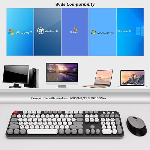 Miniatura 7 de Teclado y ratón inalámbricos, KOOTOP lindo teclado y ratón, teclado inalámbrico de 2.4G con tapa de teclas redonda retro para PC, Mac, portátil,