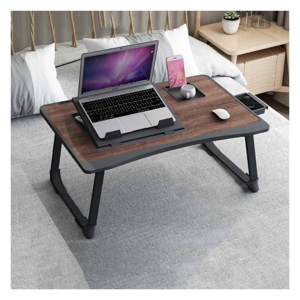 Nowoczesne regulowane biurko na łóżko na laptopa, gniazdo na karty/uchwyt na kubek / uchwyt na telefon komórkowy / szuflada/składana taca na nogi, łóżko, sofa do pisania (brązowy 60 cm)