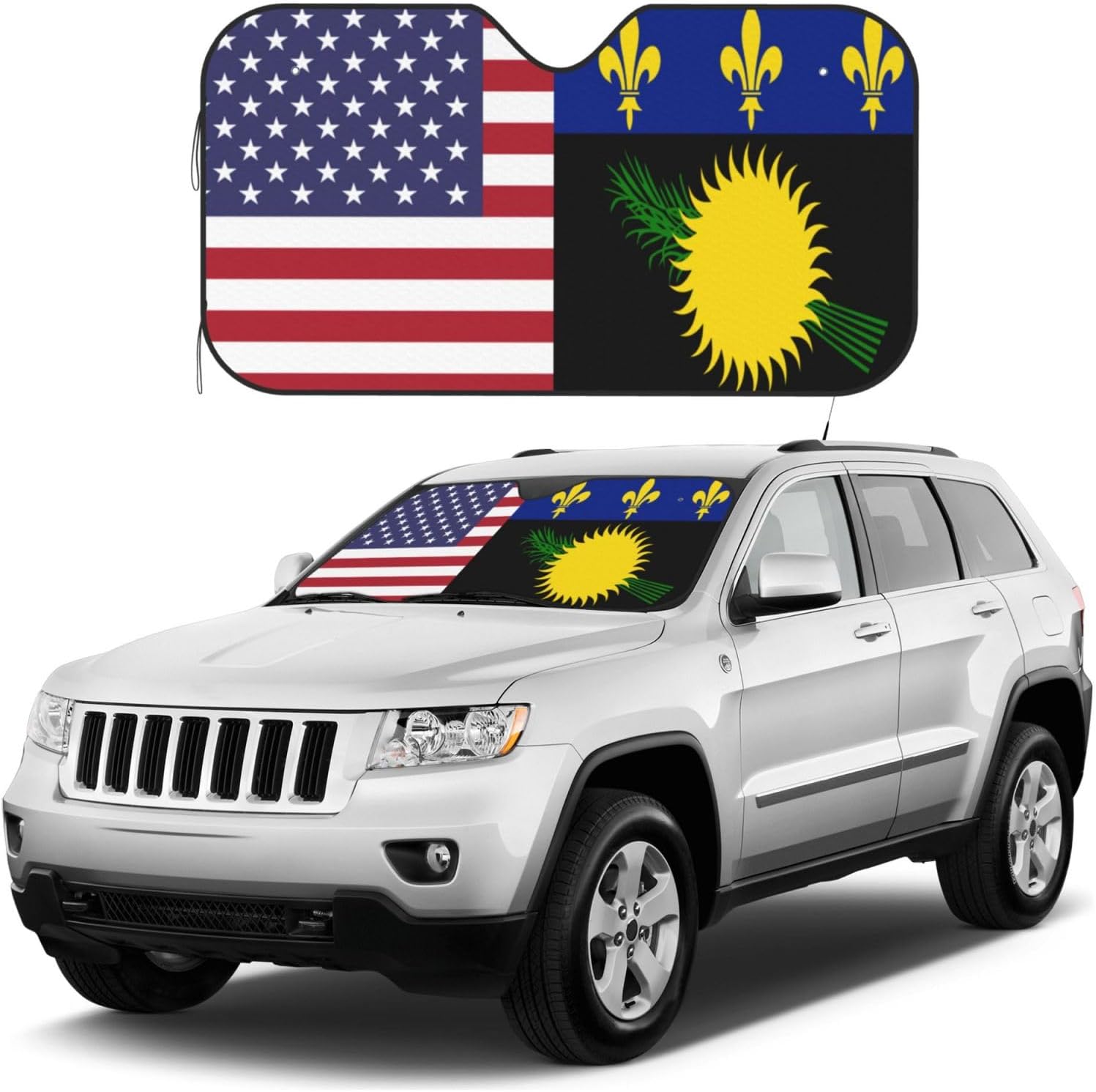 America Guadeloupe Friendship Flag Foldable Car Windshield Sunshade Blocks Heat and Sun Glare Uv Rays