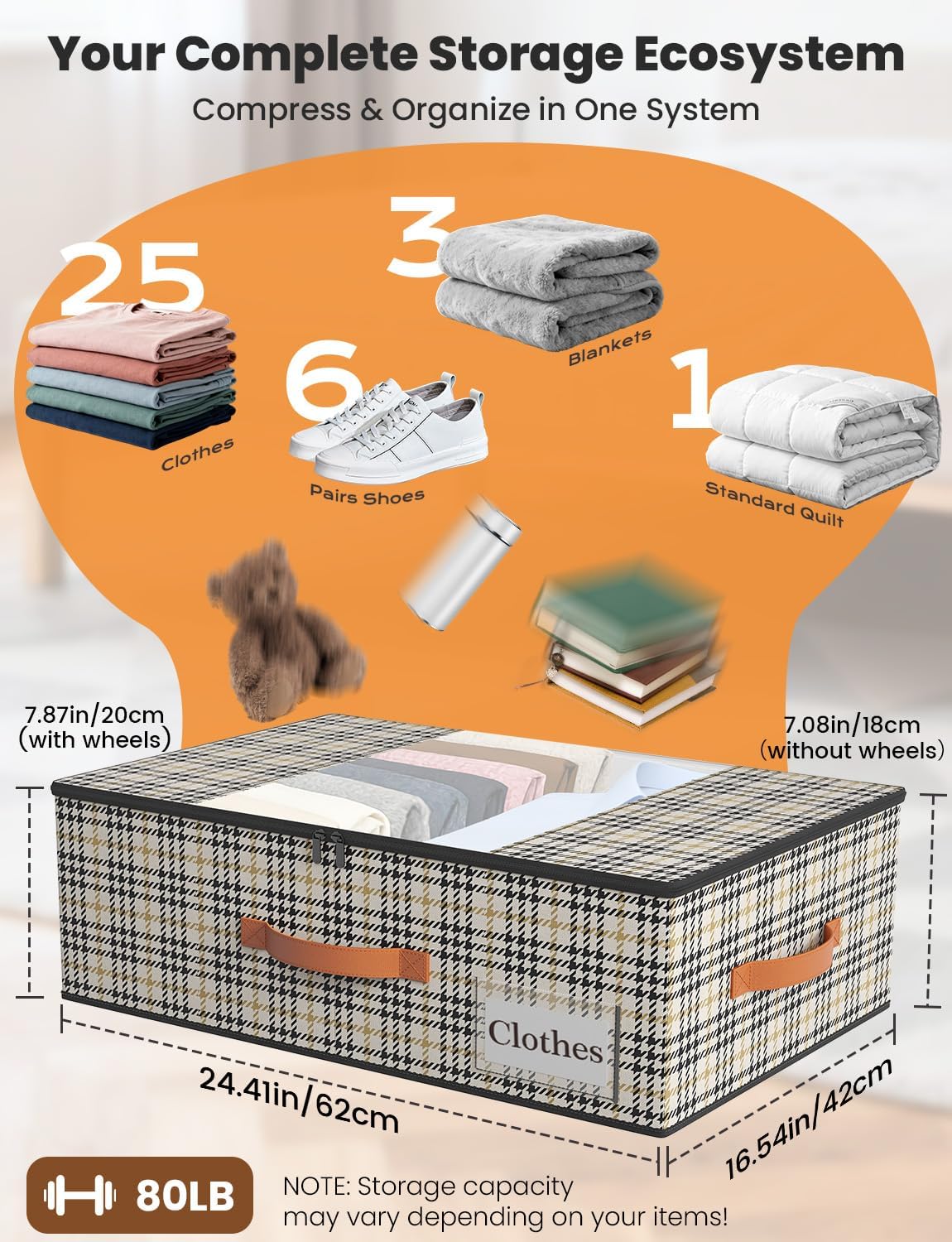 2-Pack Under Bed Storage Bins with Wheels and 4 Vacuum Seal Bags, Heavy Duty 80lbs Capacity,7.9" Height Clear Lid Organizer for Dorm Bedroom Clothes Shoes Toys,Quick Assembly Space Saver Houndstooth