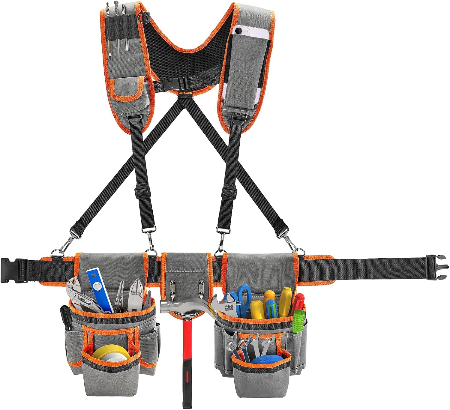 Puratalon Tool Belt Suspenders Padded Carpenter for Men, Detachable & Adjustable Electrician Tool Belts with 24-Pocket for Framers, Roofing, Contractor, 32''-66", Grey and Orange
