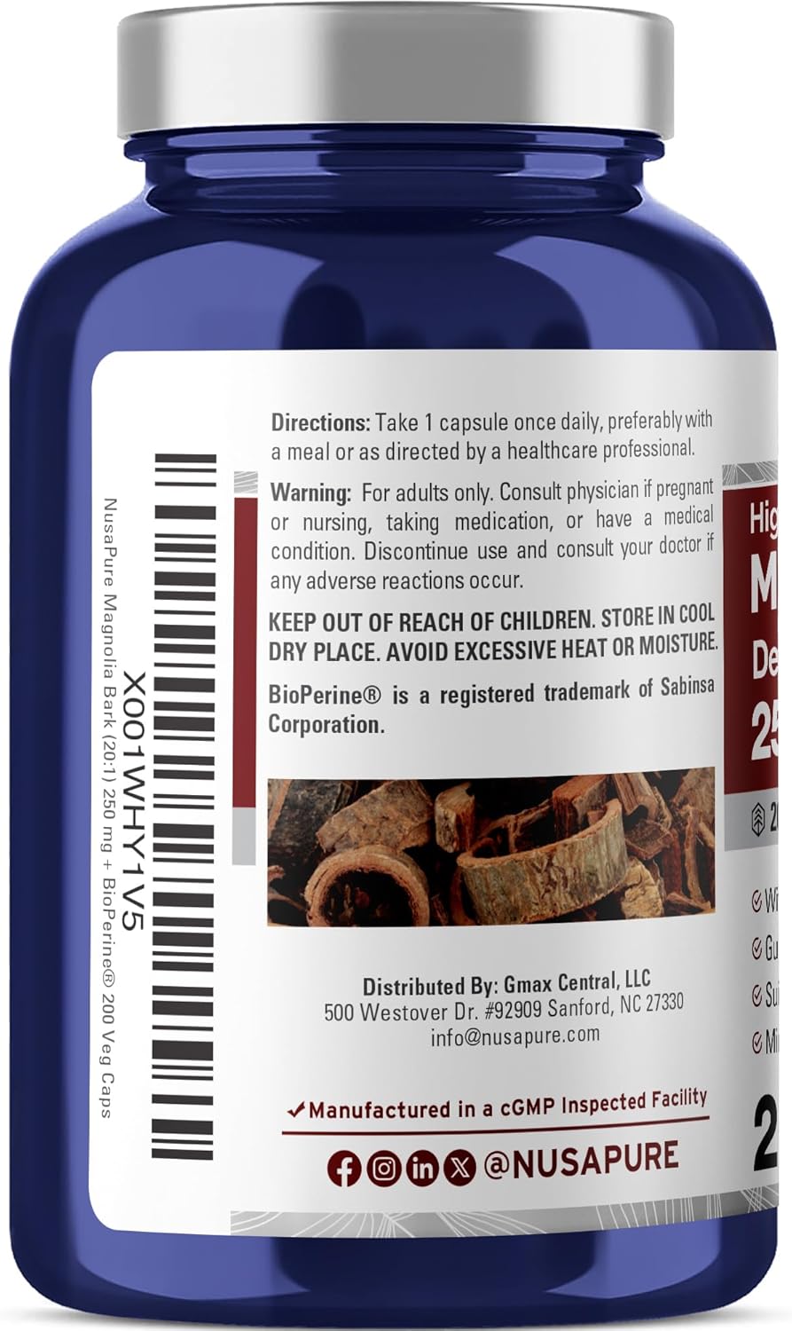 NusaPure Magnolia Bark Capsules, 250 mg, 200 Veg Capsules (Non-GMO, Vegan)