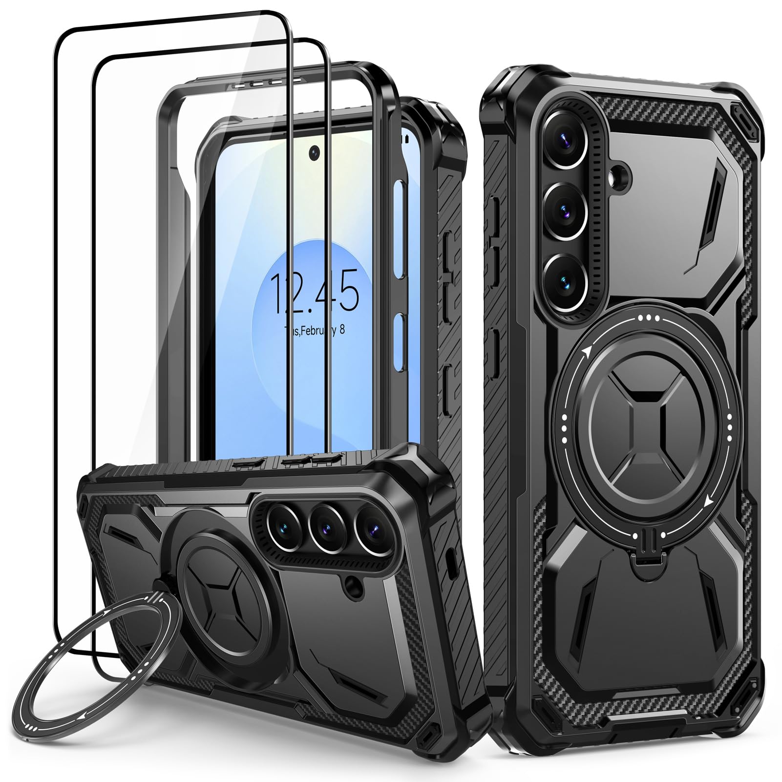 Lanhiem Cover per Samsung S25, Magnetica con Anello, Antiurto Militare Indistruttibile, Protezione Completa del Corpo a 360°con 2 Vetro Temperato, Custodia per Samsung Galaxy S25 5G, Nero