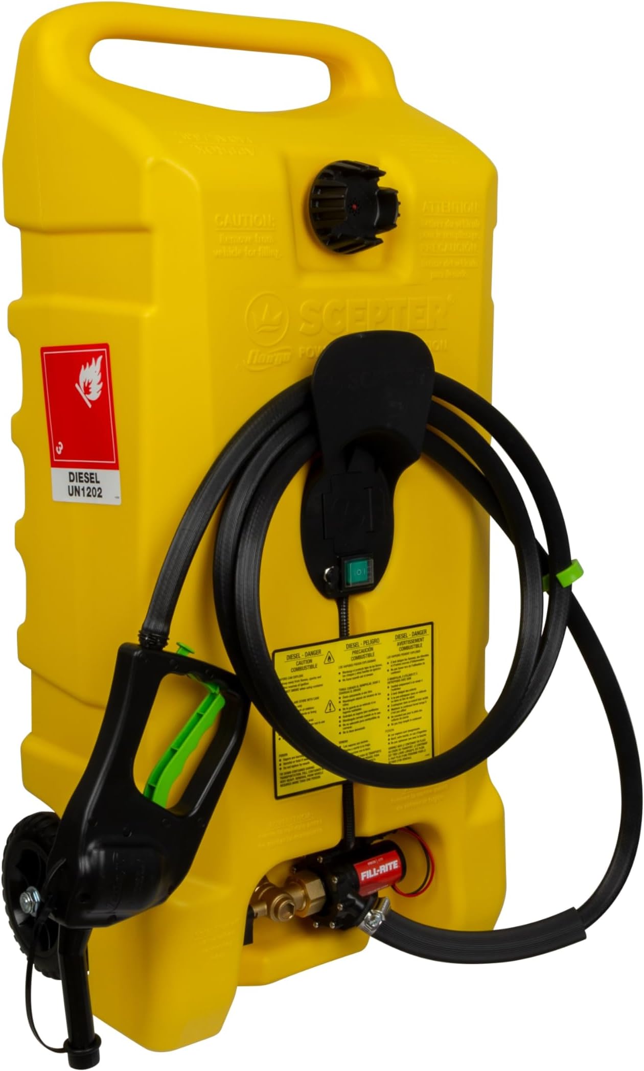 Scepter14 Gallon Gas Caddy with Electric Fuel Pump, Flo ‘N Go Powered Fueling Station with Fill-Rite Transfer Pump and 10-Foot Hose for Farm, Marine, Commercial, and Home Use, Diesel, Yellow