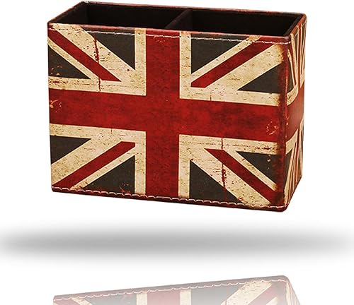 Organizador de escritorio de piel sintética, suministros retro vintage, soporte para lápices, oficina, hogar, escuela, aula, accesorios (Union Jack)