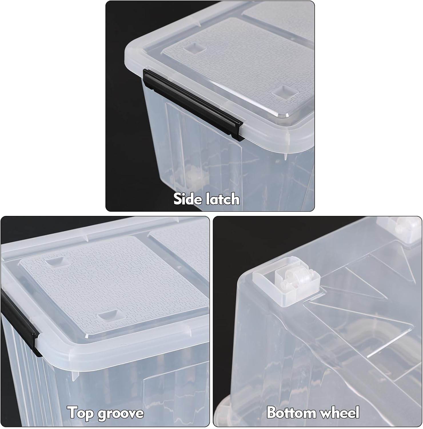 Sadstory 30 Quart Clear Latching Tote Bin with Lid, Plastic Storage Box with Wheels, 4 Packs