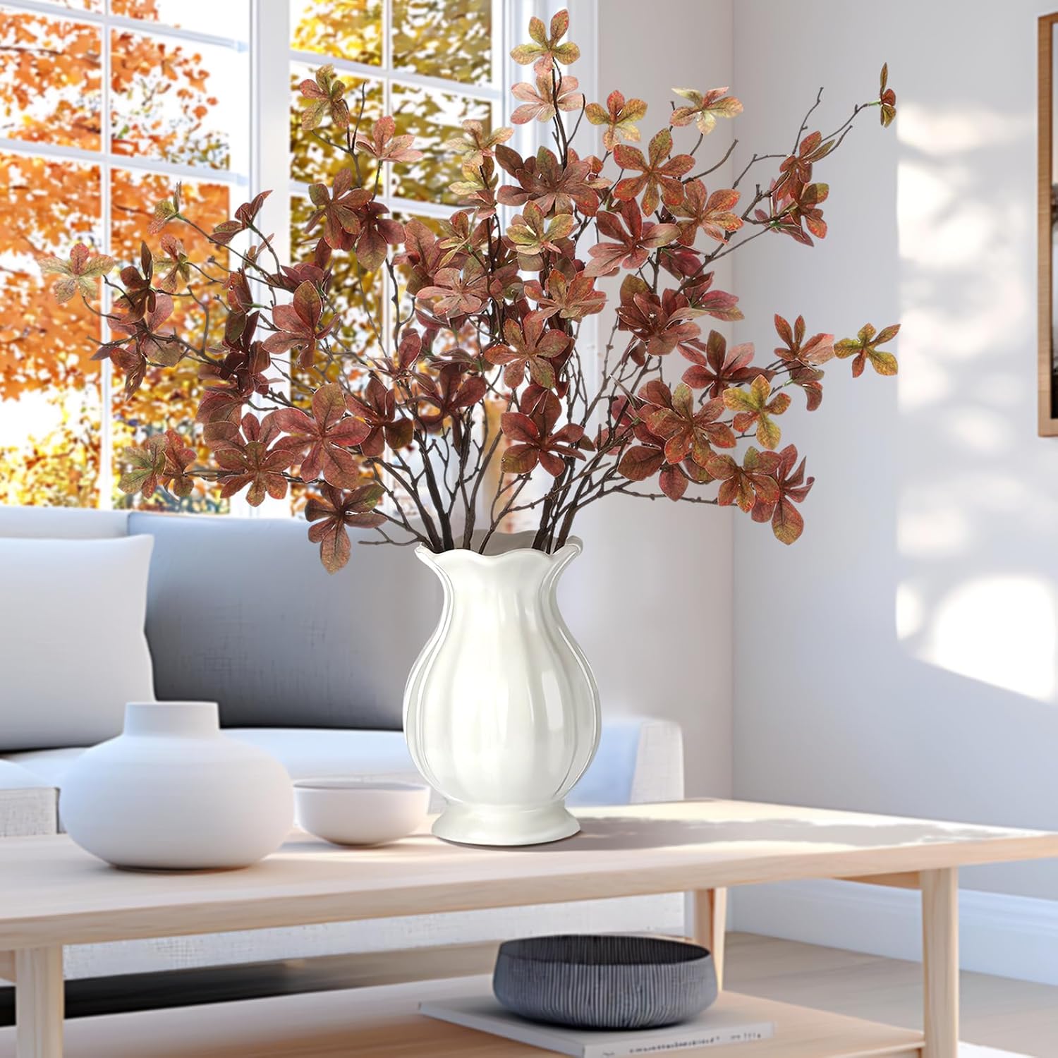 4 Pcs 30 inch Leaves Stems for Vase Artificial Rusty Quince Leaf Faux Branch Floral Pick Fake Twig Plants with Long Stem for Home Table Centerpiece Harvest DIY Decor - Image 6