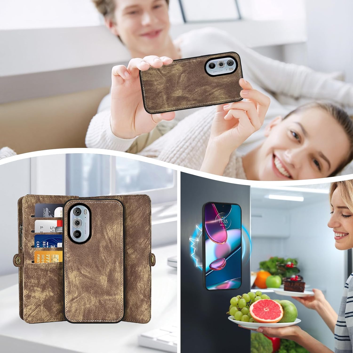 Asuwish Phone Case for Motorola Edge+ Plus 2022/Edge X30/30 Pro Zipper Wallet Detachable Cell Cover with Tempered Glass Screen Protector Crossbody Strap Flip Card Holder Moto Edge + 5G UW Women Brown