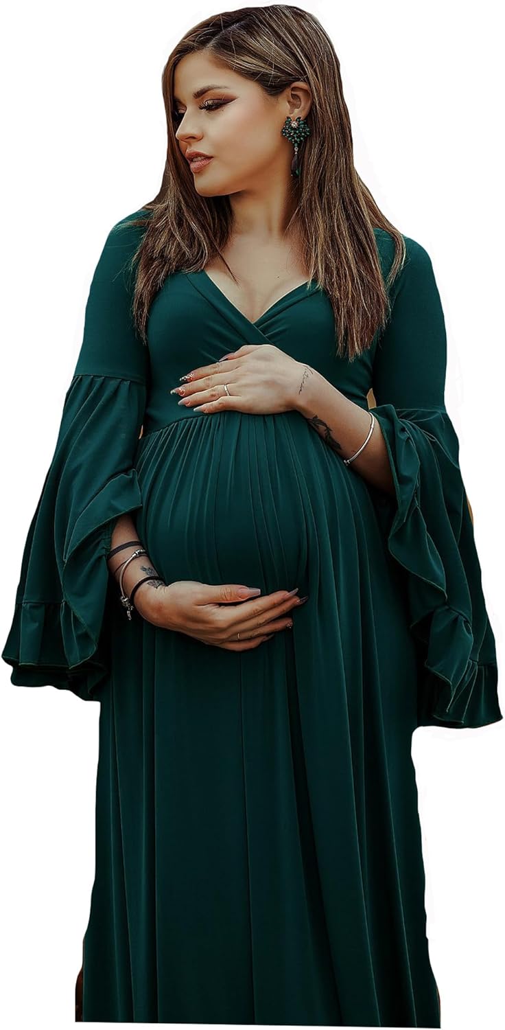 Bohemian Green Maternity Dress with Ruffled Bell Sleeves for pictures and Baby Shower