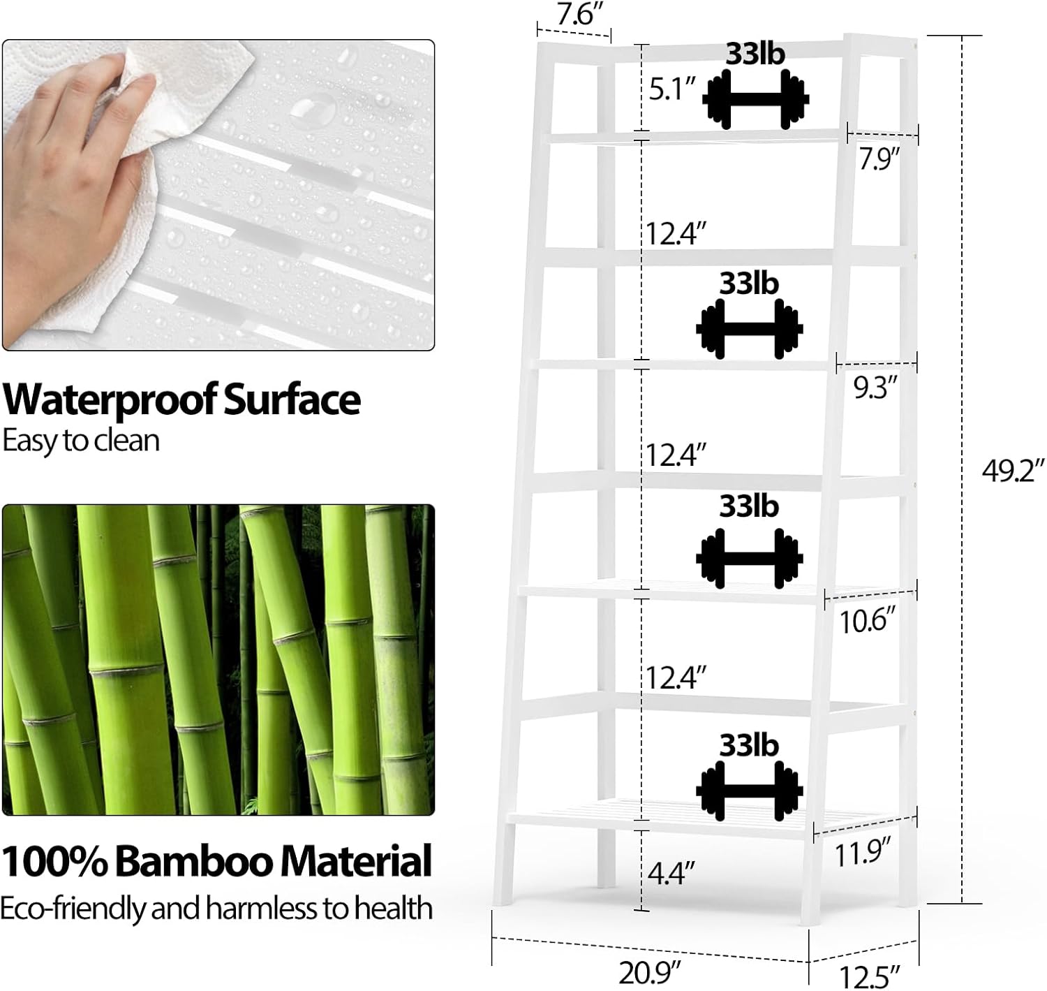 Bamboo White Bookshelf, 4-Tier Ladder Shelf Freestanding Space Saver Open Bookcase Book Shelf, Bamboo Storage Shelving Unit Flower Plant Stand for Living Room, Bathroom, Home Office