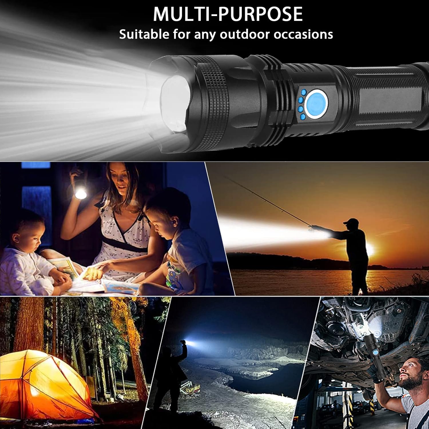 LED Rechargeable Flashlights, 10000 Lumens Super Bright Flashlight, Powerful Tactical Handheld Flashlights with Battery, 5 Modes, Zoomable, IPX5 Waterproof, Suit for Camping, Hiking, Emergency - - 