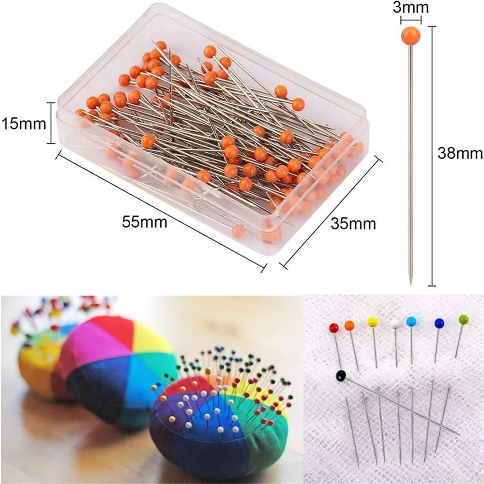 Alfileres de 600 unidades, 38 mm, bola de cristal, cabeza multicolor, acolchar recto con cabezas de perlas, herramienta de manualidades