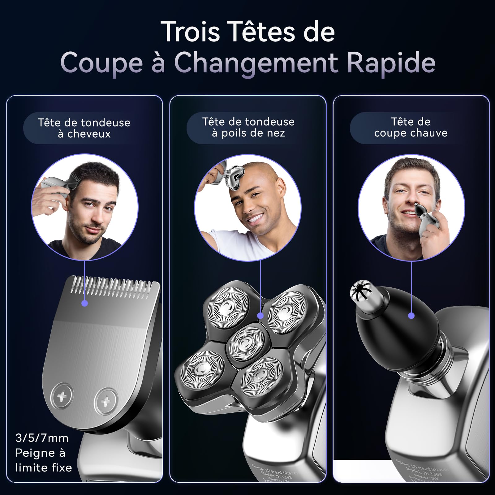 Kensen Rasoir Tete Chauve Homme 5D Tondeuse Cheveux Hommes Chauve 120 mins d'autonomie Tondeuse Crane Chauve Étanche Rasoir Crane Sec & Humide avec Coupe-Poils de Vez & Écran LED & Peigne Limite