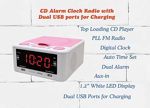 Miniatura 2 de HANNLOMAX HX-300CD Reproductor de CD de carga superior, radio FM PLL, reloj digital, pantalla LED roja de 1.2 pulgadas, alarma dual, puertos USB