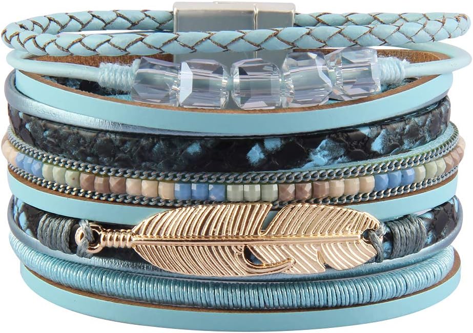 GelConnie Womens Leather Cuff Bracelet Feather Multi Strand Bracelet Wrap Bracelet Turquoise Boho Bangle Braided Leather Wristbands Bohemian Jewelry Gifts for Women Wife Sister