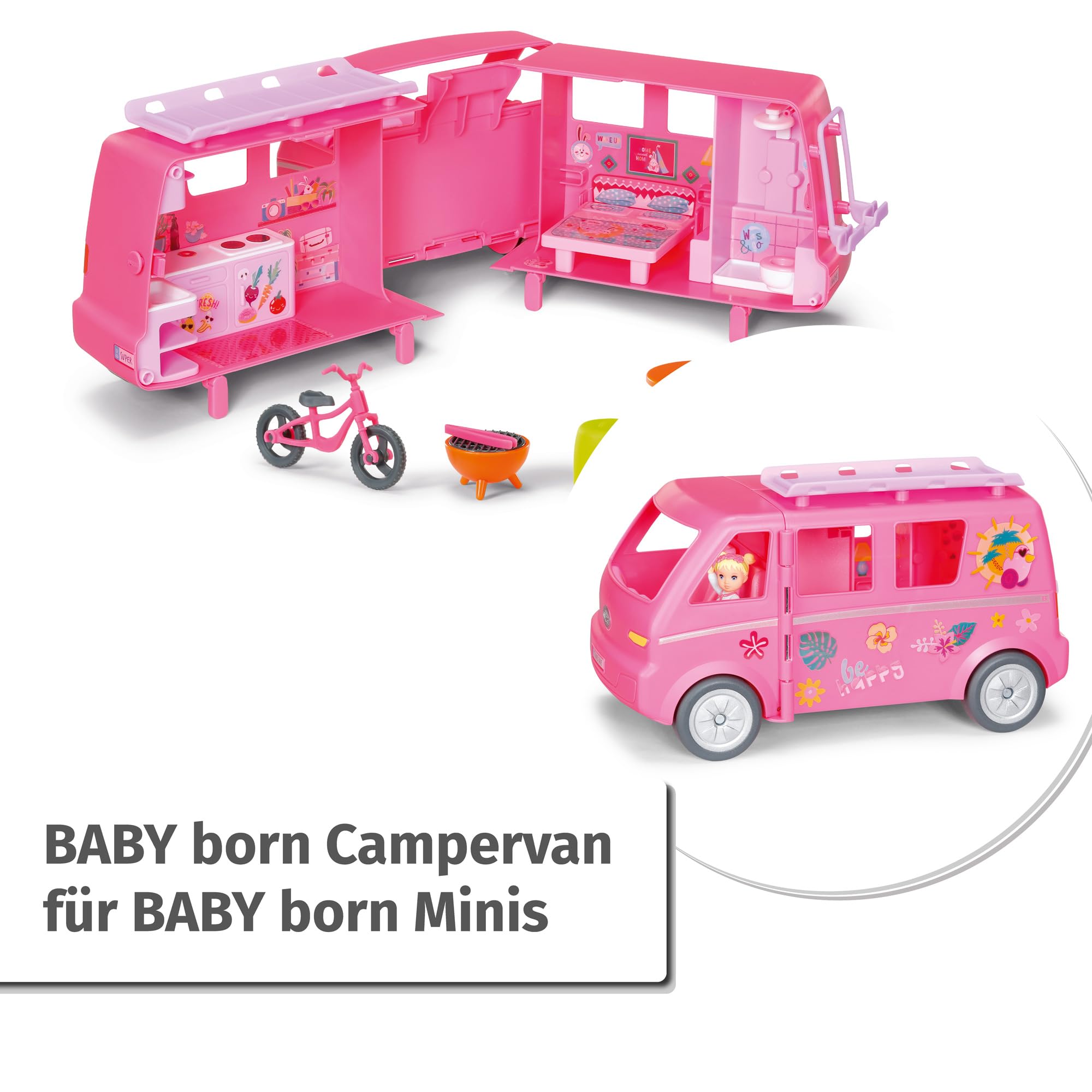 Baby Born, Puppenfahrzeug, Wohnwagen für Puppen, Baby Born Minis - Campervan, Wohnmobil, aufklappbarer Wohnwagen für Baby Born Minis Puppen mit 6 Zubehörteilen und Puppe, 906095, Zapf Creation