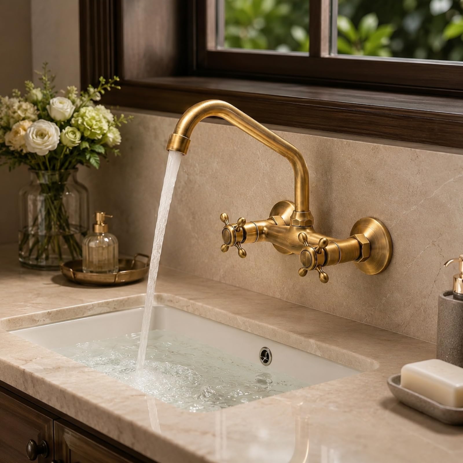 Rubinetto Cucina a Muro in Ottone Antico, Miscelatore Cucina Vintage con Bocca Girevole 360°, Doppia Manopola Acqua Calda e Fredda, Rubinetto Lavello a Parete per Bagno Cucina Lavanderia
