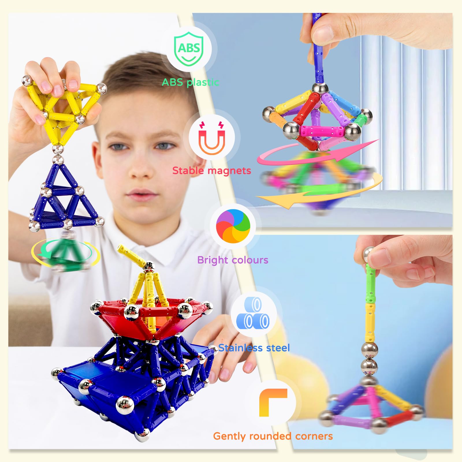 Construction Magnétique Enfant 170pcs, Set de Jouets Magnétiques pour Enfants 6 Ans+, Jeux de Bâtons Magnétiques Puzzle 3D pour Entraînement Cérébral Cadeau pour Fille Garçon
