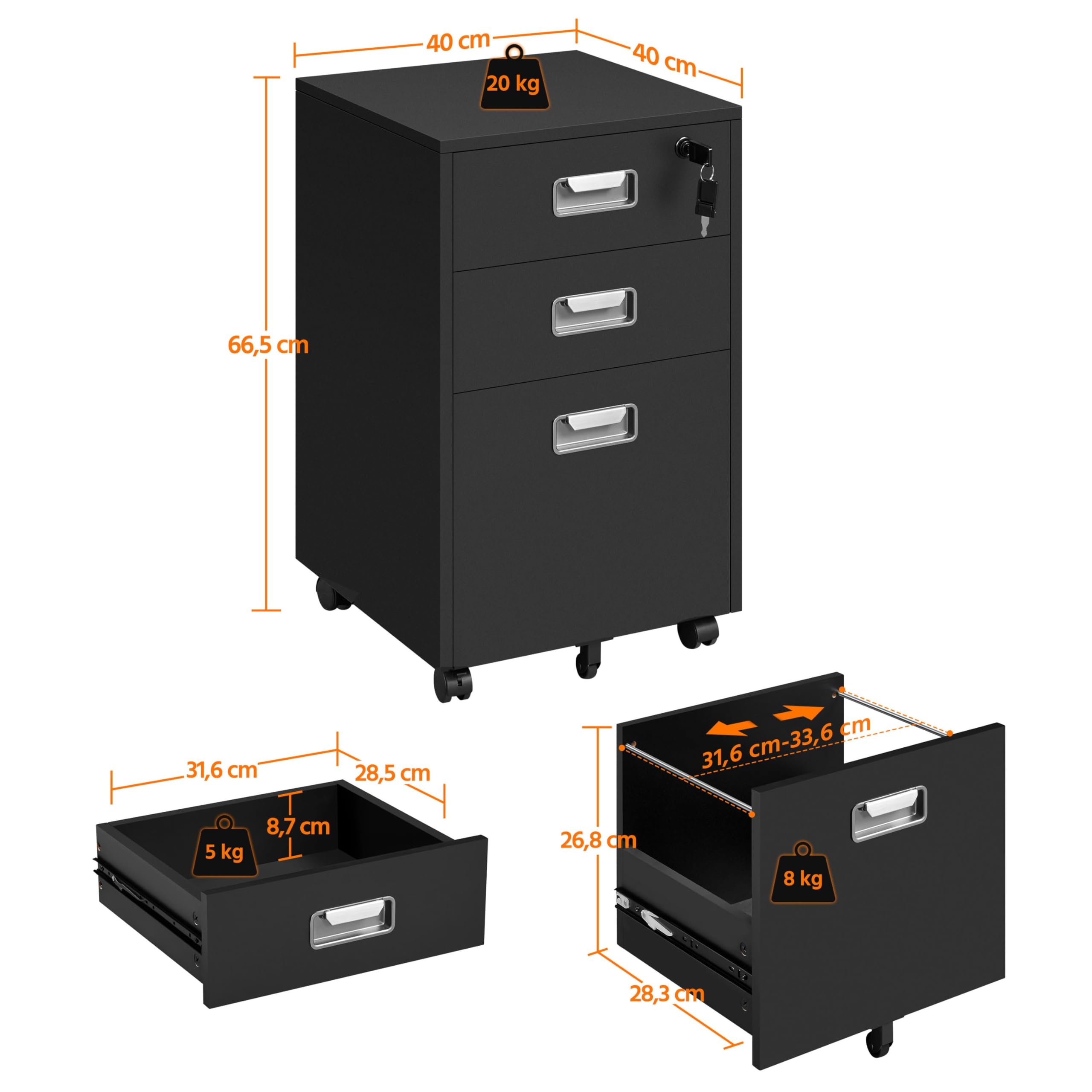 Yaheetech Rollcontainer archiefkast met 3 laden en hangmappen mobiele
