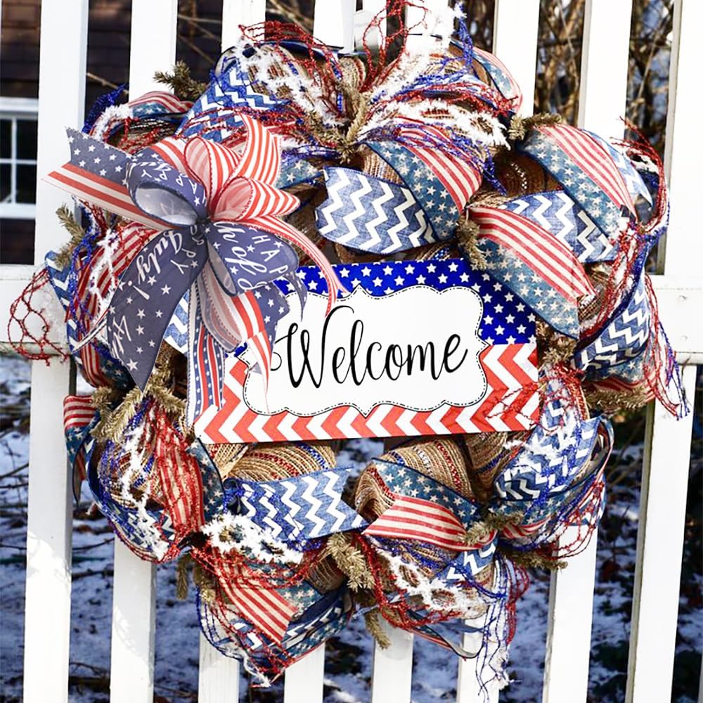 Patriotic Wreath Bows,Independence Day Bow 12 inch for 4th of July Wreath Decorations, Patriotic Ribbon Bow,Memorial Day Decorations,Mailbox Bow July 4th Bow, Tree Topper Bow