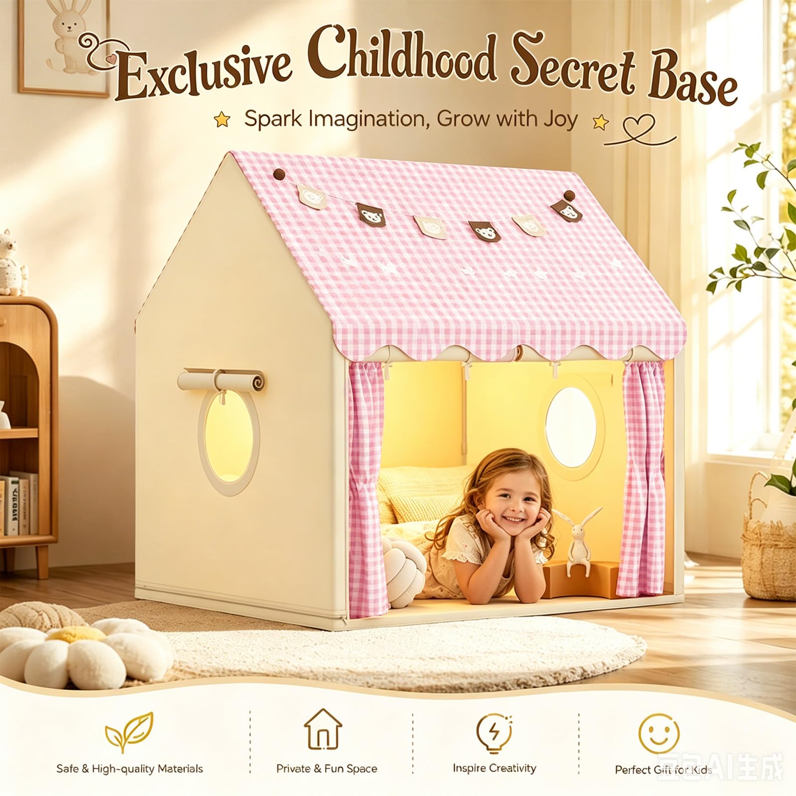 MeYuxg Kinderzelt Indoor,Prinzessin Zelt mit Fenstern und Kleine Bär Bunte Fahnen,120×105×128cm Innenbettzelt für Kleinkinder,Spielzelt für drinnen,Kinder Spielhaus für Jungen und Mädchen