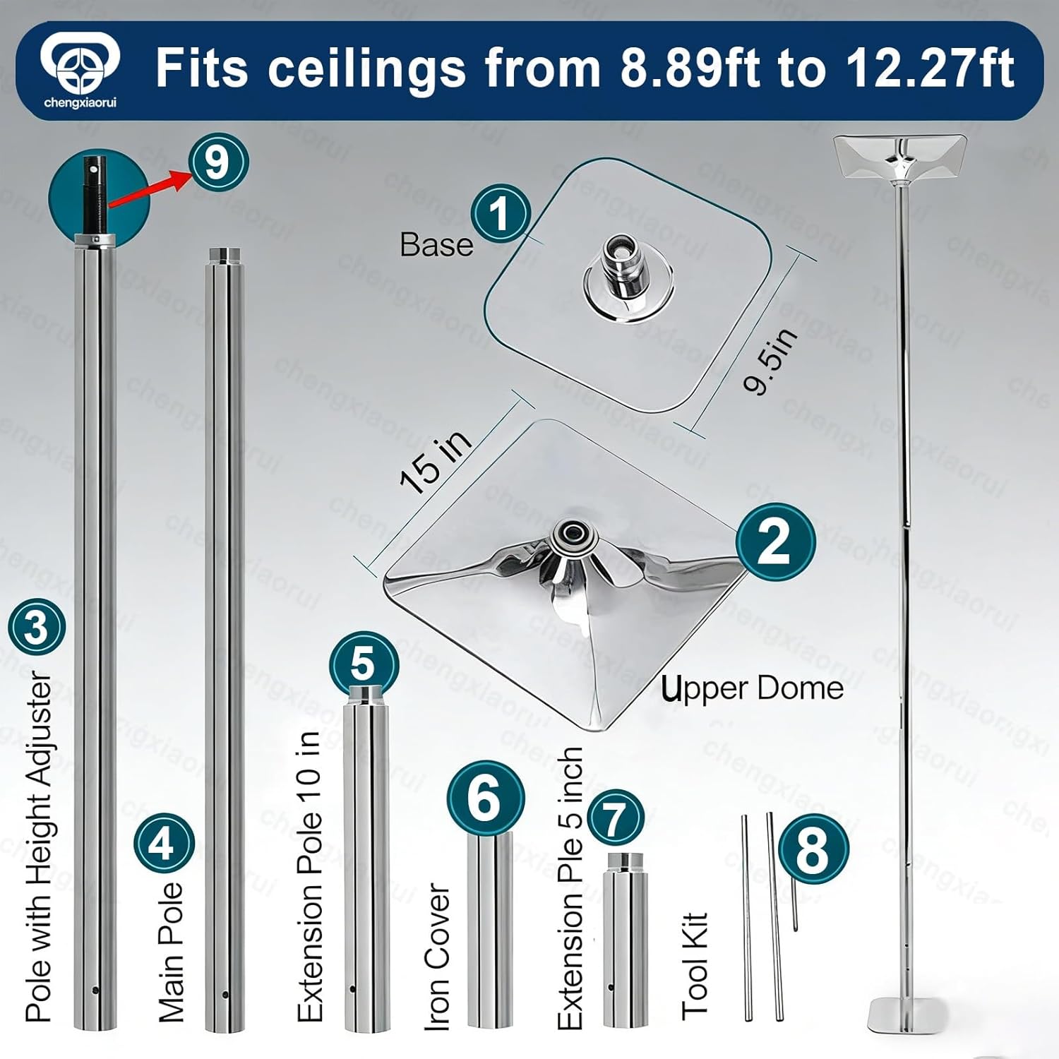 45mm Adjustable Height Dancing Pole Set, Includes Extension Tube for 9ft to 12ft Range, Spinning and Static, Chromed Steel, 400 lbs Capacity(12.5ft)