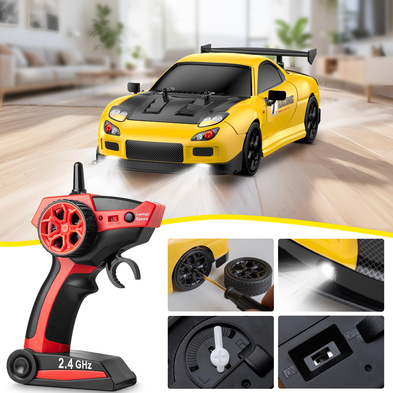 Coche teledirigido 1:14 RC Drift Car,2.4GHz 28km/H Coche de Deriva RC, 4WD Drift RC con Luces LED Regalo para Niños (Yellow)