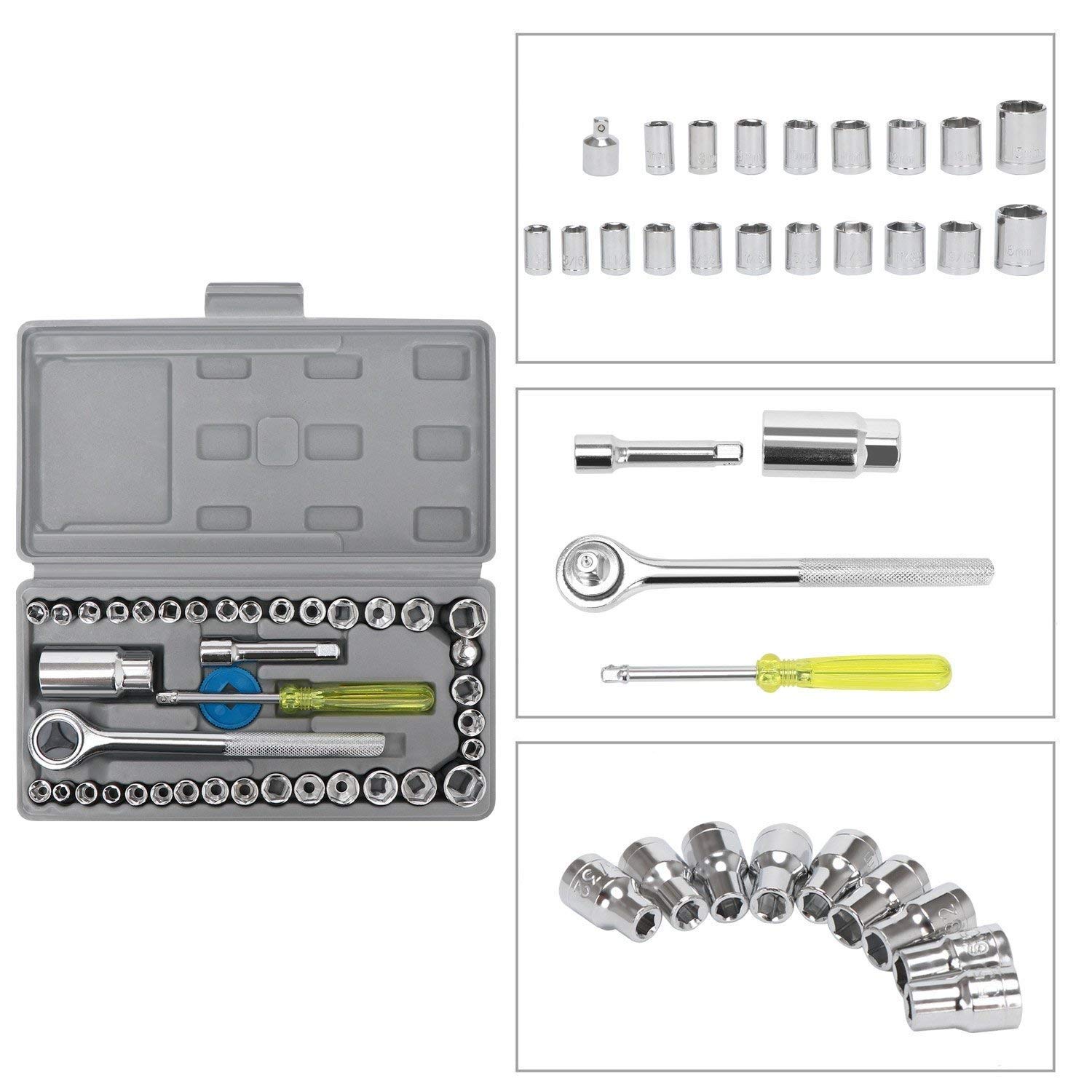 Hetkrishi Hex Combination Set Socket Wrench Ratchet Unit Inch Wrench Spanner Sockets Repair Common Tool Kit