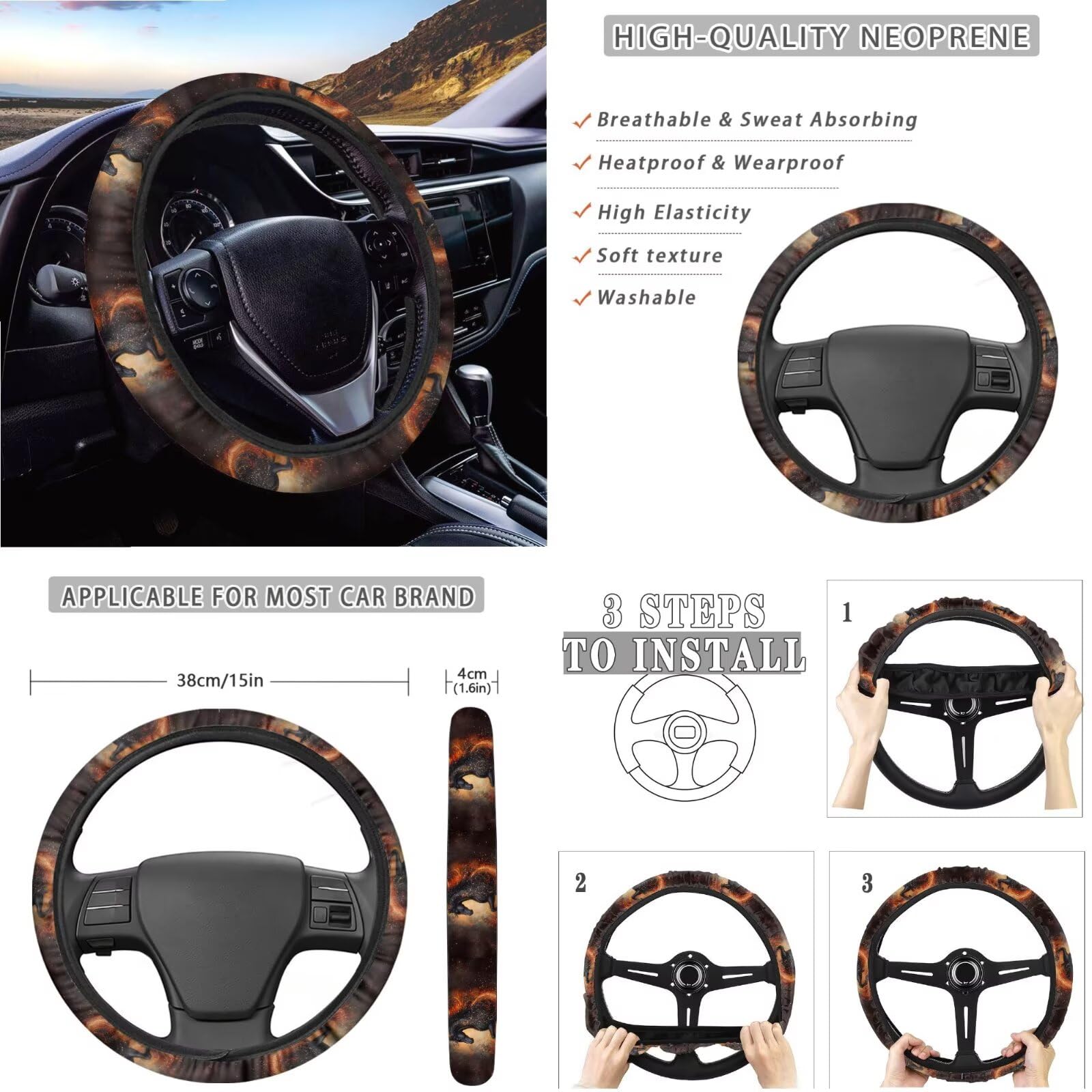 Set di 14 coprisedili anteriori e posteriori per auto, con stampa di cavalli, coprivolante centrale e cuscinetti per cinture di sicurezza, protezione per specchietto retrovisore