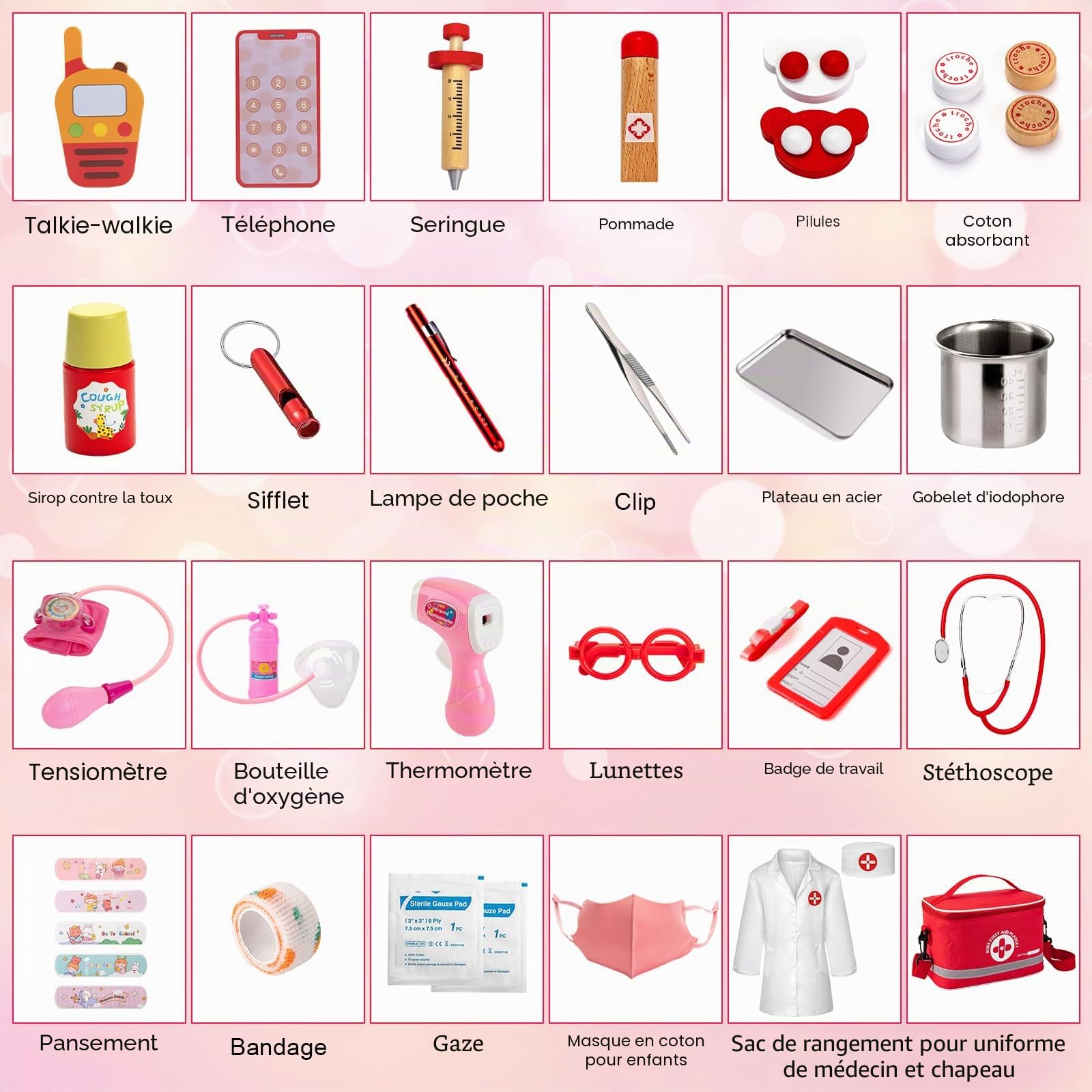 EFO SHM Malette Docteur Enfant Kit de Médecin Jouets Déguisement de Docteur Accessoires en Bois avec Stéthoscope, Thermomètre, Jouet Enfant 3 Ans