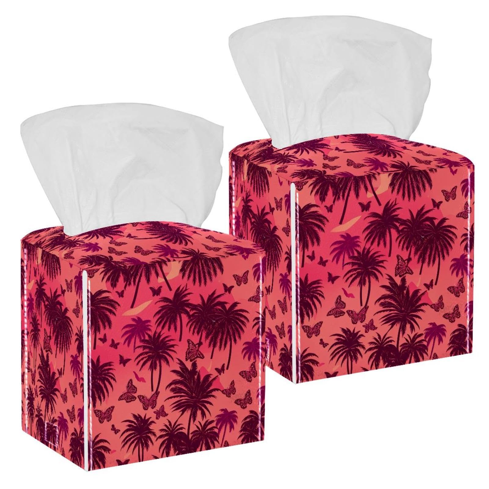 Coconut Tree Tissue Box Cover, 2 Pack PU Leather Square Facial Tissue Dispenser Box holder for Home Office Car
