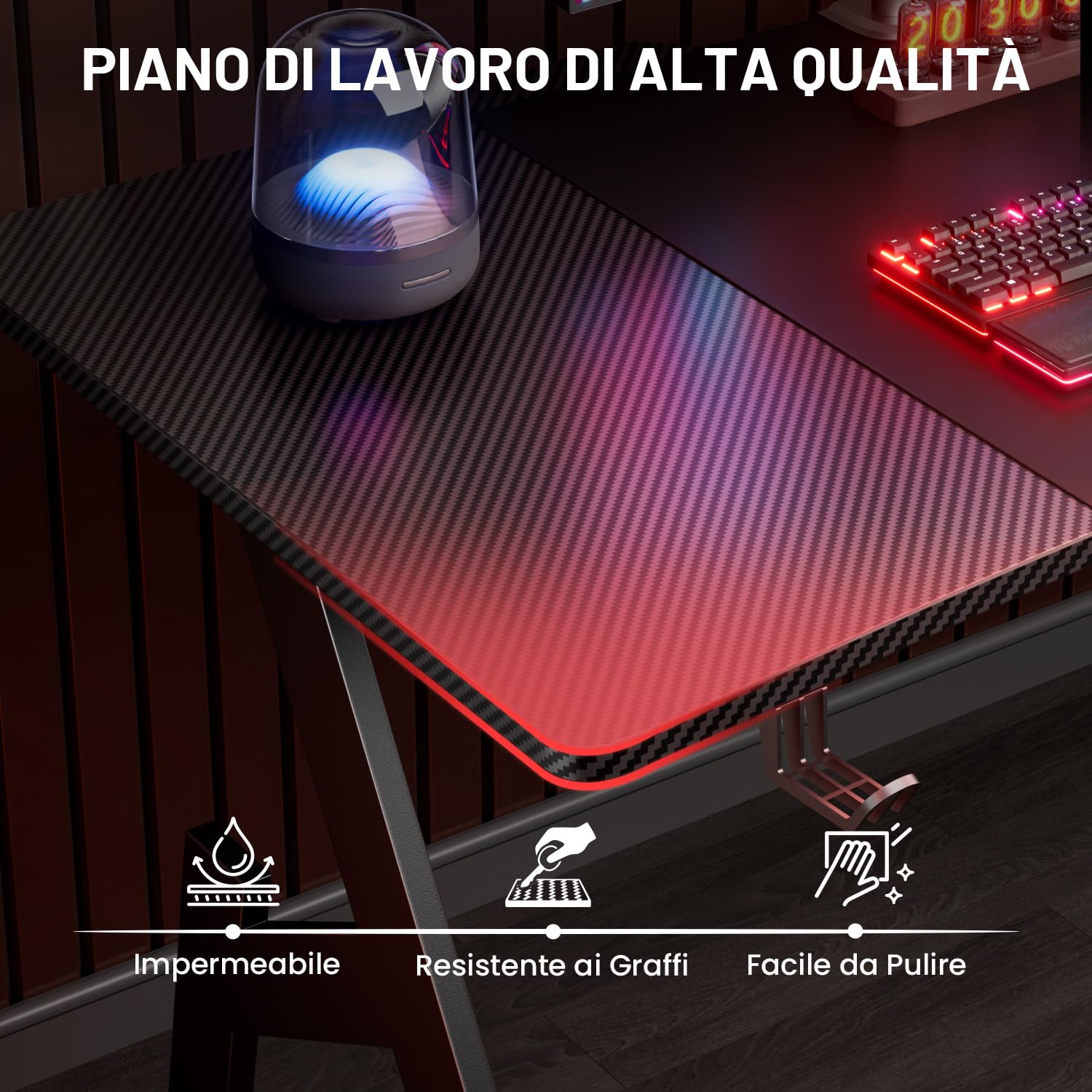 HLFURNIEU Scrivania Gaming Ergonomica, 120 x 60 cm Tavolo da Computer, Scrivania Gamer con Porta Bicchiere e Gancio per Cuffie, Piano del Tavolo in Fibra di Carbonio Impermeabile, Nero
