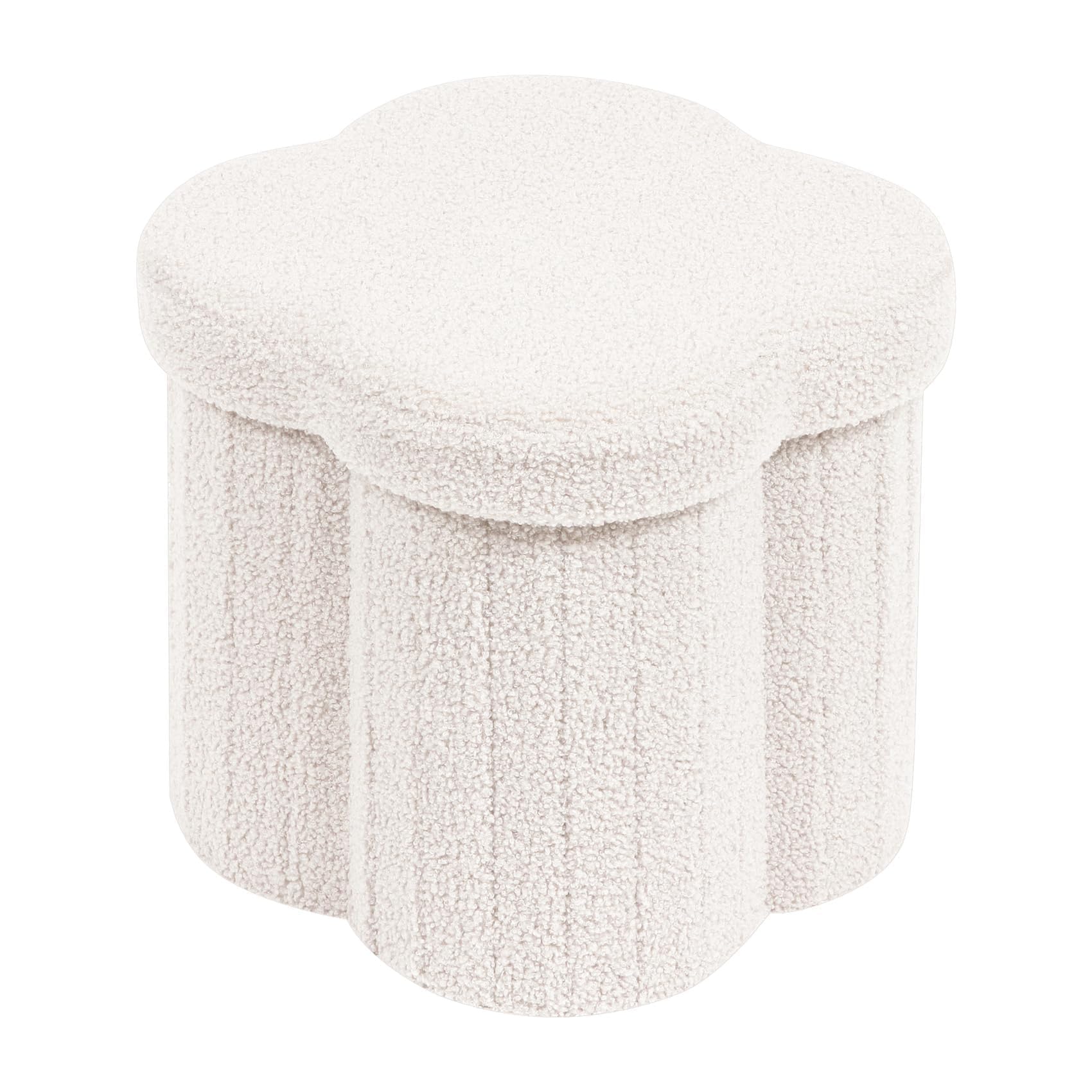 PINPLUS Puff de Almacenaje Plegable, Taburete con Forma de Flor de Bouclé, Cómodo Reposapiés Acolchado para Tocador, Salón y Dormitorio, 32x32x32cm, Blanco