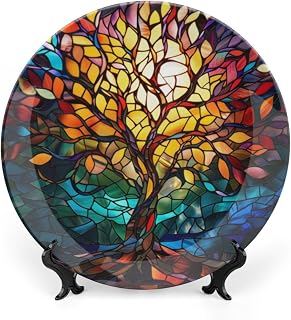 Stained Glass Theme Decorative Ceramic Plate Round Porcelain Plate,6 inch,Tree of Life Pattern,for Decorative Ornaments Giving Plates, 1 Plate with 1 Display Stand,Multicolor