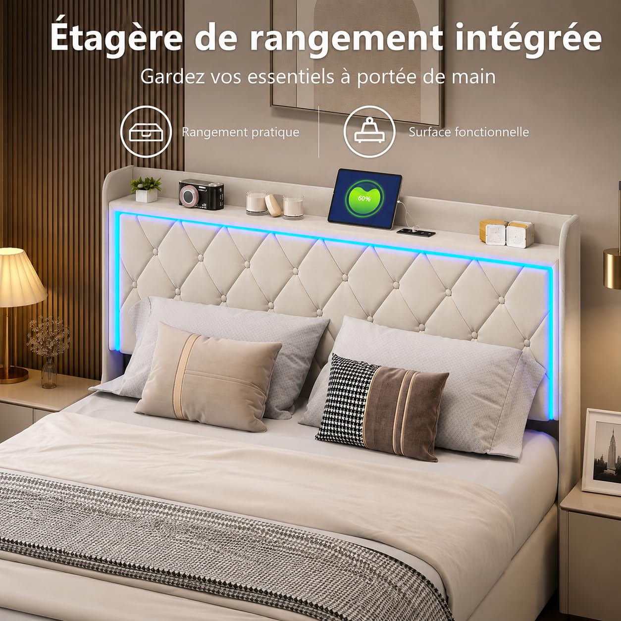 Lit Coffre 160x200cm avec LED et USB, Lit Double Rembourré en Velours Beige avec Sommier à Lattes, Tête de Lit avec Rangement, Cadre de Lit Capitonné pour Adultes et Adolescents