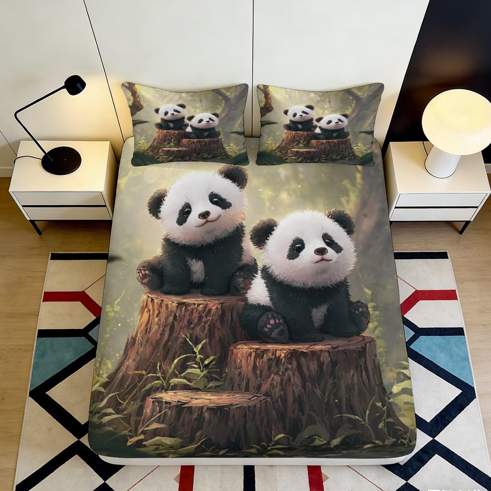 3D Printed Cute Panda Fitted Sheet Microfiber Soft Anti-Slip Cartoon Forest Bed Cover for Bedroom Dorm Mattress Decor 90x200x25cm