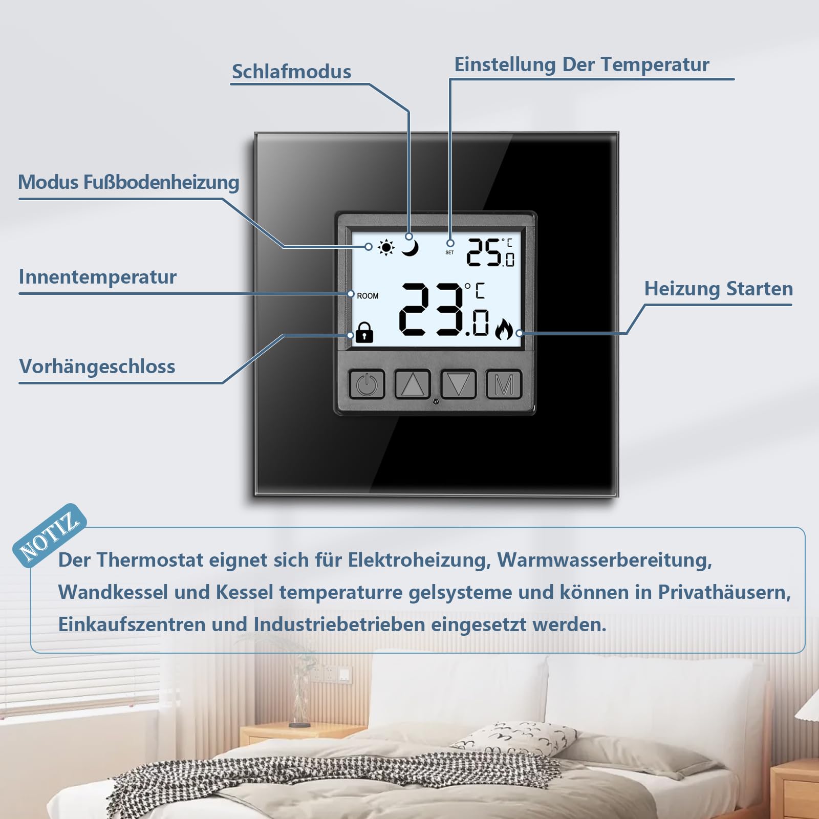 CNBINGO Thermostat Fussbodenheizung Raumthermostat Digital Unterputz für Wasser Boiler Thermostat Heizung Wandthermostat mit Glasrahmen, Weiß