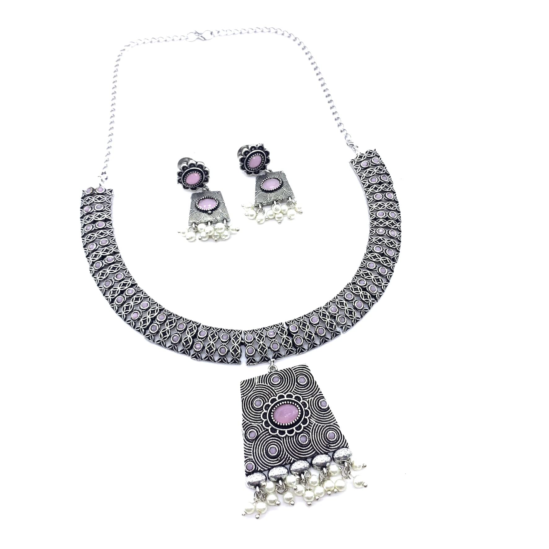 Reaaan CollectionsPure German Silver Oxidised Plated Stone Choker Pendant Chain Necklace with Stud Earrings for Women for Wedding, Engagement Lovely and Pleasant Looking Jewelry Set Gift