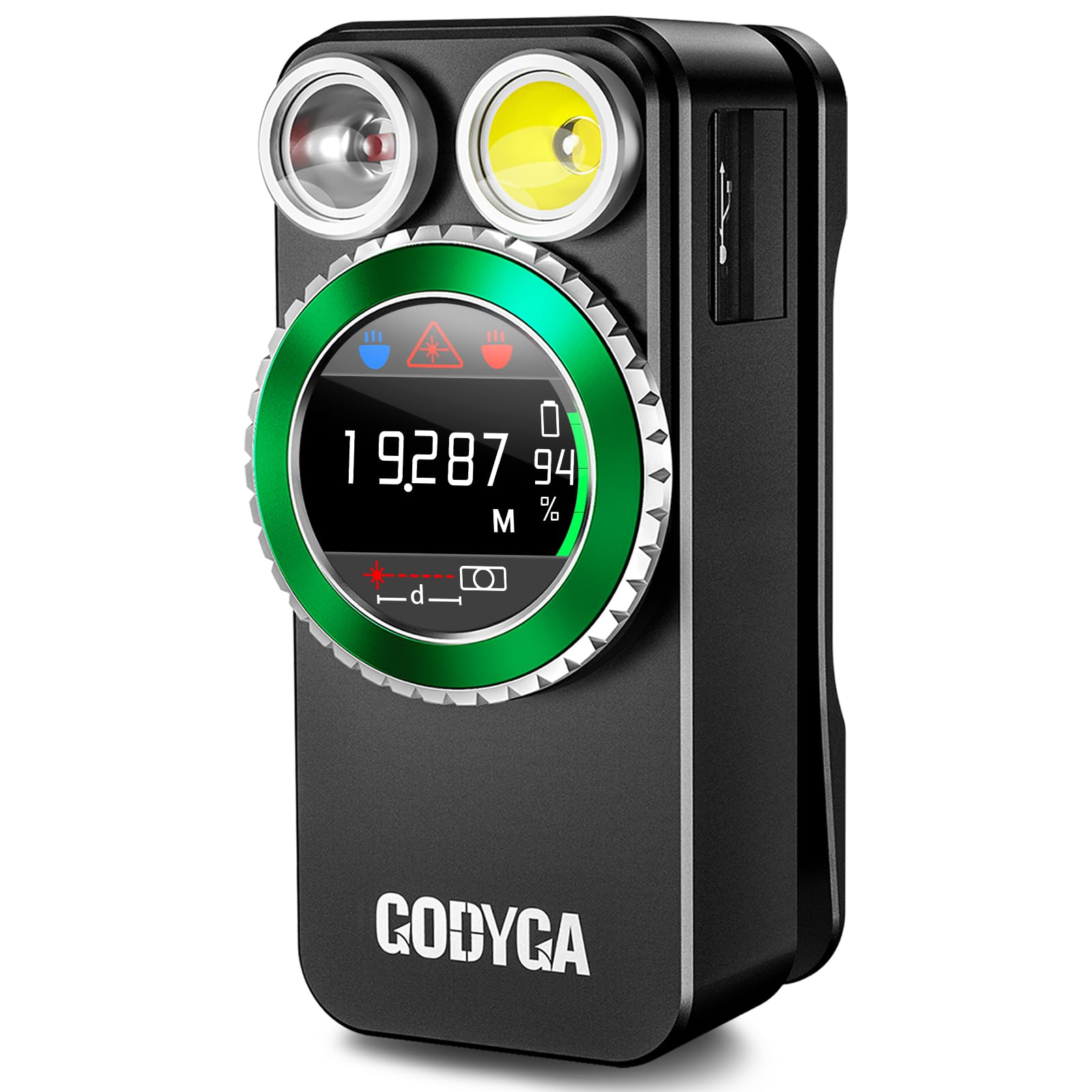 Godyga Lampe Torche LED Rechargeable 4-en-1 avec Télémètre Laser, Lumière Blanche & Rouge, Compteur de Golf, 500 Lumens IPX6, Clip Magnétique, pour Camping, Randonnée, Bricolage