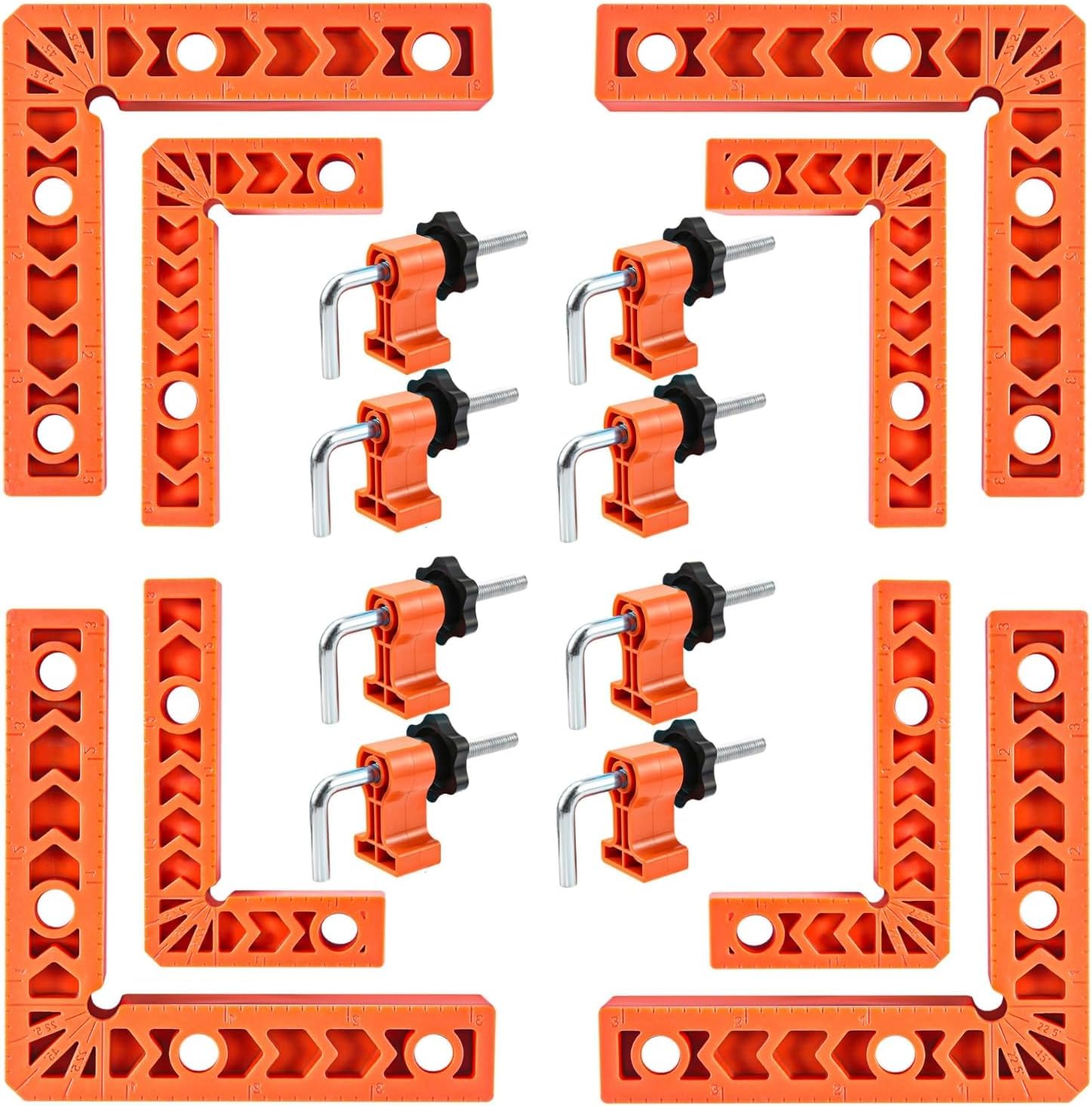 Lokyoyo 90 Degree Positioning Squares Right Angle Clamps Set, 3 Inch & 4 Inch Woodworking Corner Clips, 8 Pack Positioning Squares with 8 Clamps for Picture Frames, Cabinets, Boxes, Drawers