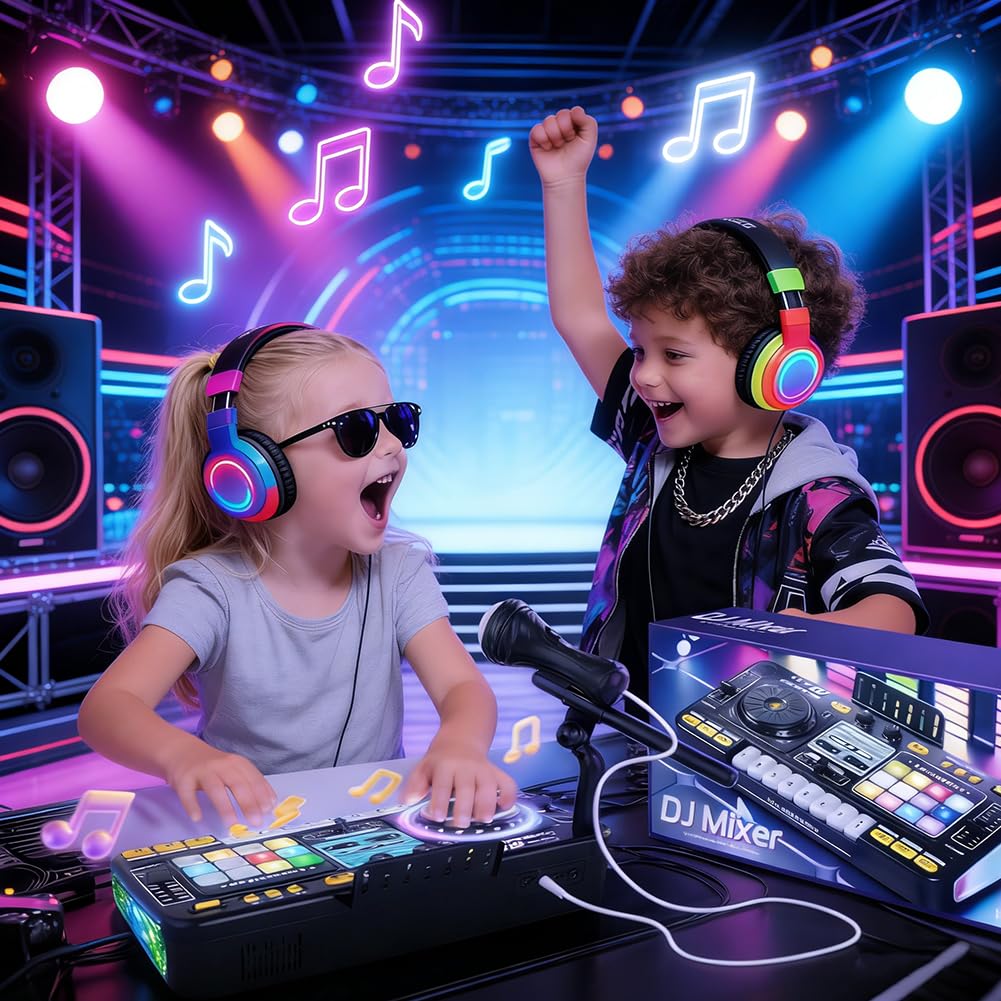 Dj Pult per bambini, mixer DJ con microfono, Dj Pult principianti, mixer Dj bambini, 100+ effetti sonori, luce, regalo giocattolo per ragazzi ragazze 3-10 anni, per streaming, canto