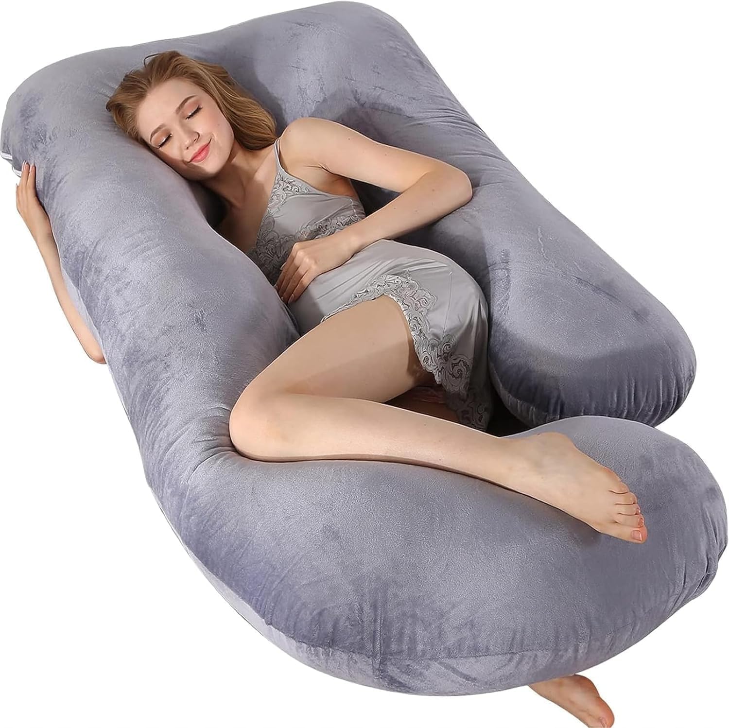 Pregnancy Pillow for Sleeping, Full Body Support Pillow with Removable Washable Cover for Maternity Comfort Maternity Pillow for Pregnant Women, Grey Velvet Cover-image-11