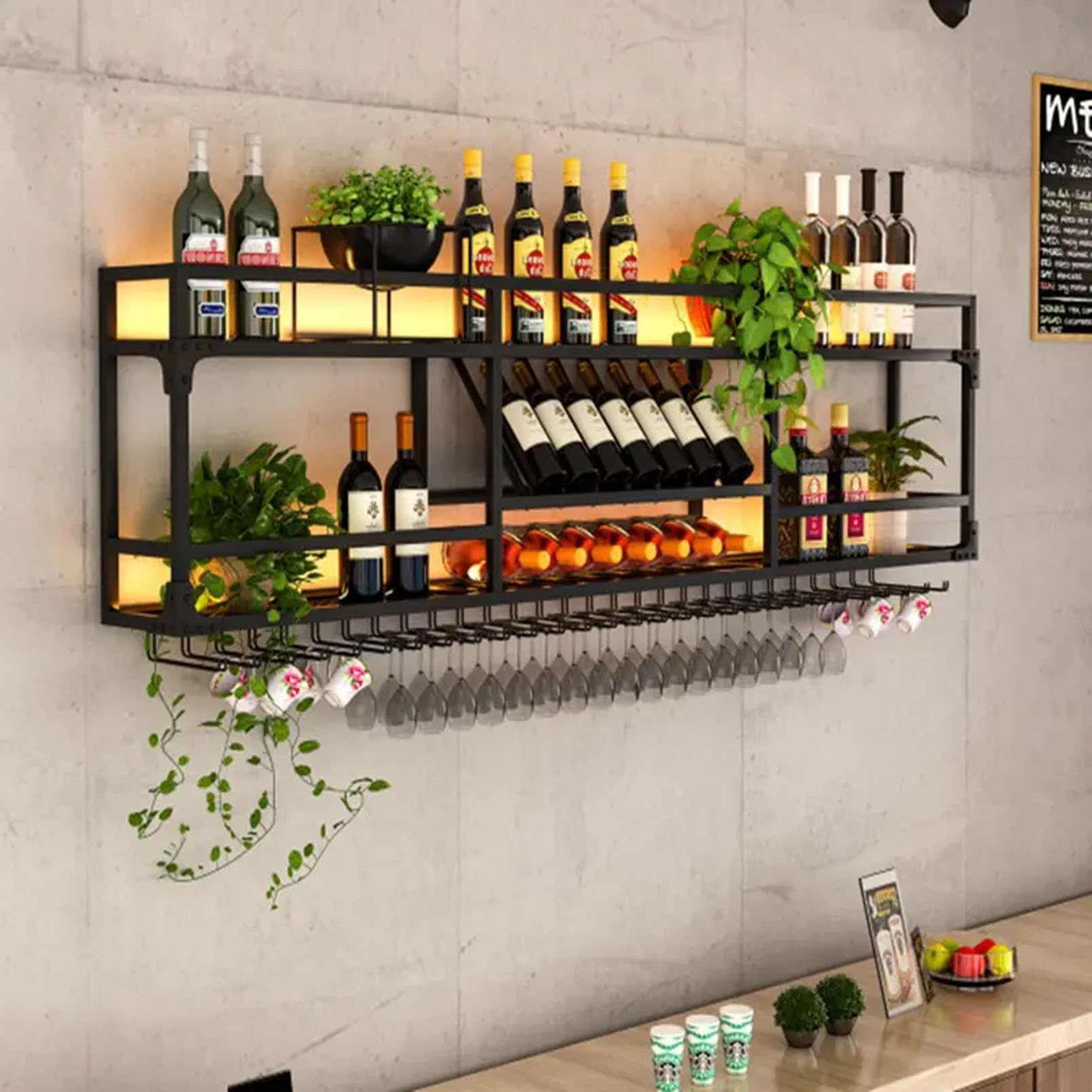 Wandmontage Metalen Wijnrek Zwarte Grote Wijn Opslag Planken 80cm