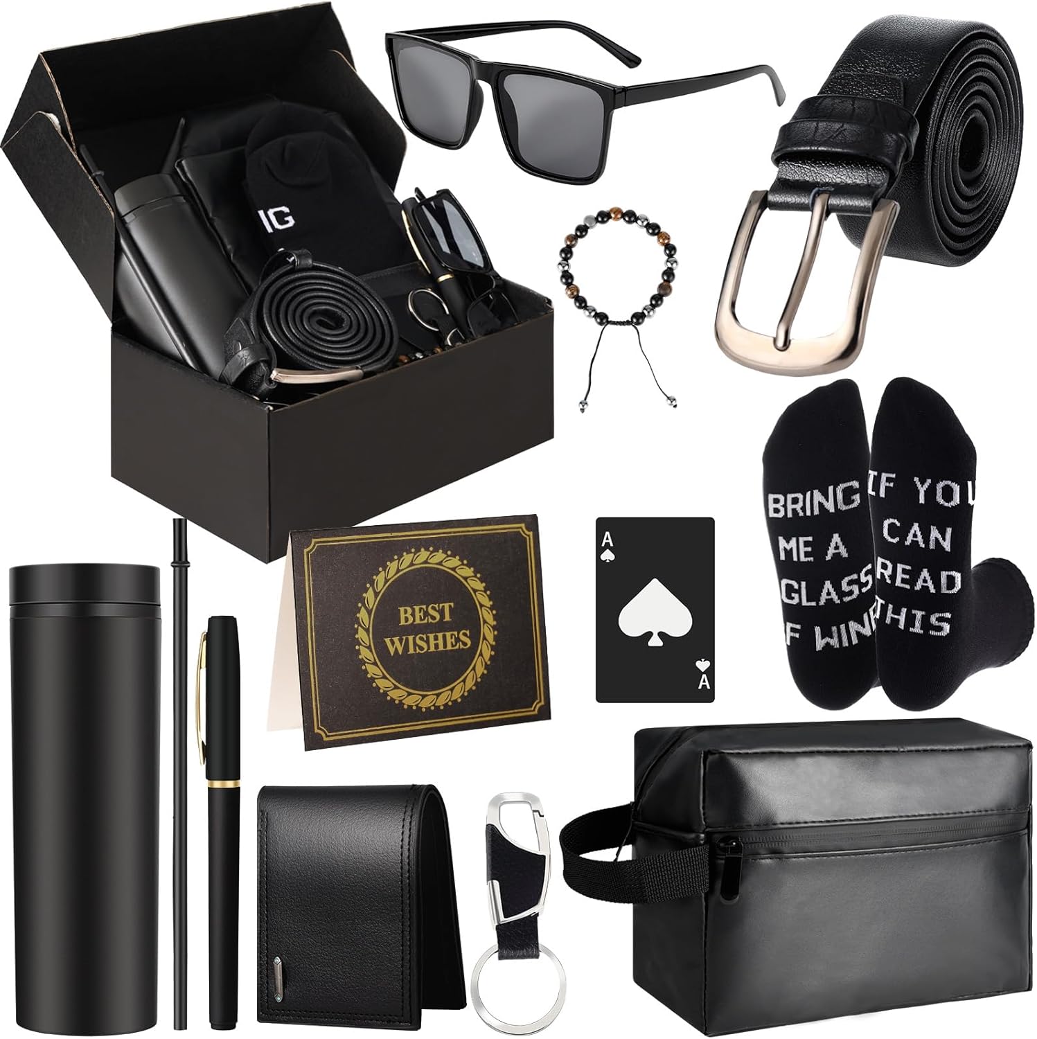 Gifts Box for Men Dad Gifts Basket Set for Fathers 16 oz Tumblers Wallet Toiletry Bag Bottle Opener Sunglasses Bracelet Socks Pen Keychain Personalized Birthday Gift for Dad Husband Boyfriend