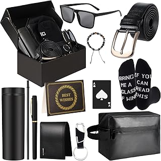Birthday Gifts Box for Men Dad Gifts Basket Set for Fathers 16 oz Tumblers Wallet Toiletry Bag Bottle Opener Sunglasses Bracelet Socks Pen Keychain Personalized Gift for Dad Husband Boyfriend