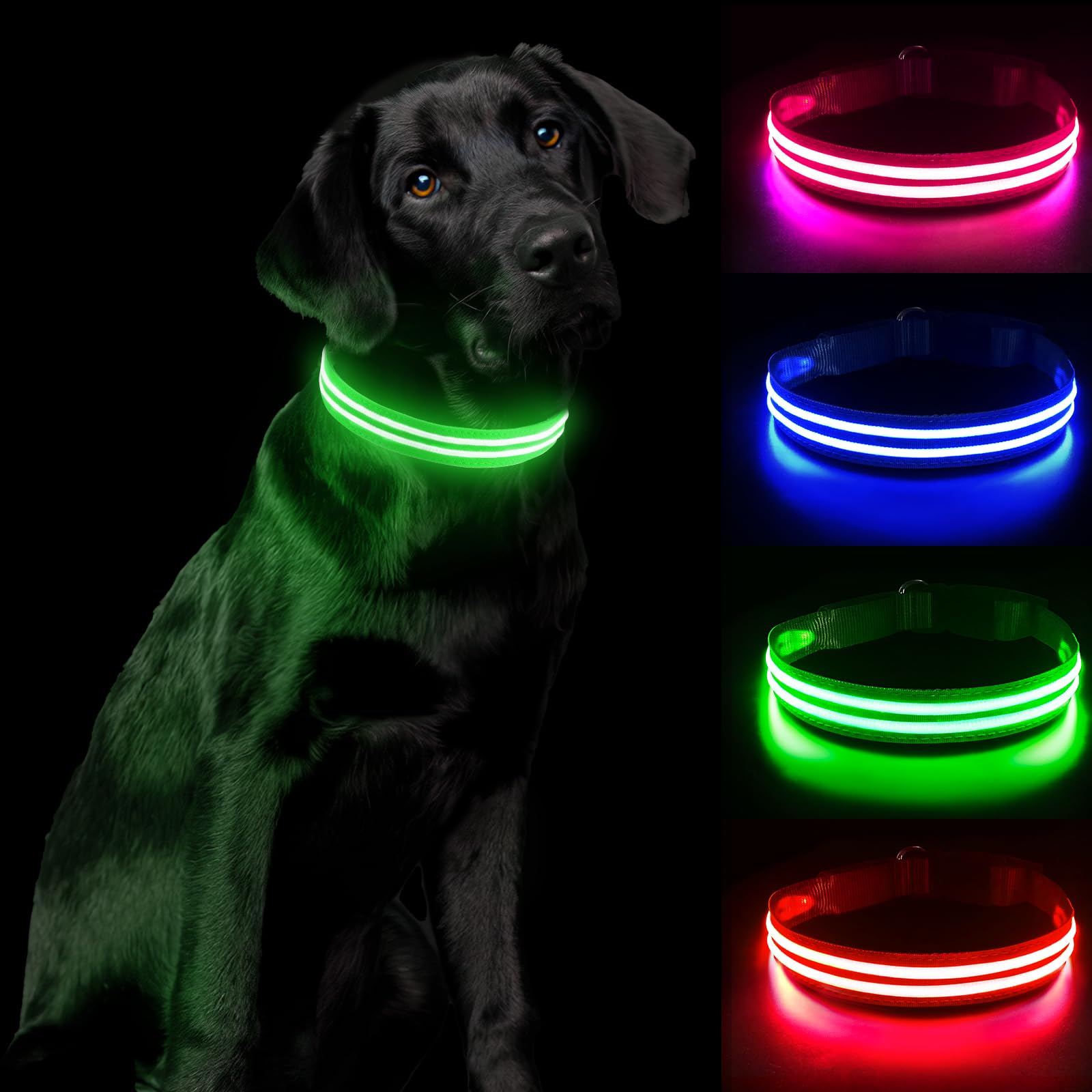 PcEoTllarLight Up Dog Collar - Rechargeable, Waterproof, Adjustable LED Collar for Night - Flashing, Glowing for Small Medium Large Dogs - Green-L