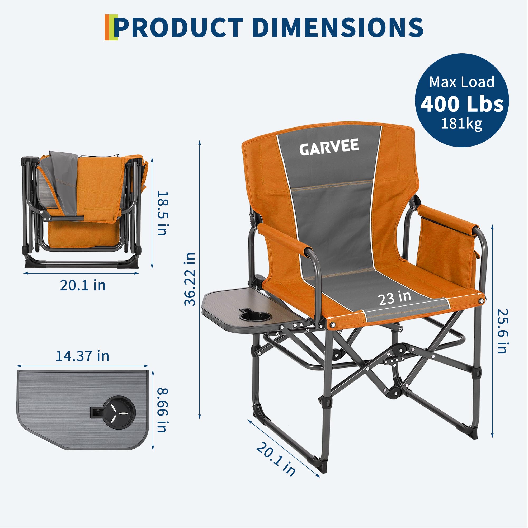 GarveeHome Sedia Regista Da Campeggio Pieghevole Per Adulti - Portatile e Robusta Fino a 180 kg Con Tavolino Laterale, Tasca Portaoggetti Portabicchieri Ideale Esterni, Spiaggia, Pesca, Picnic