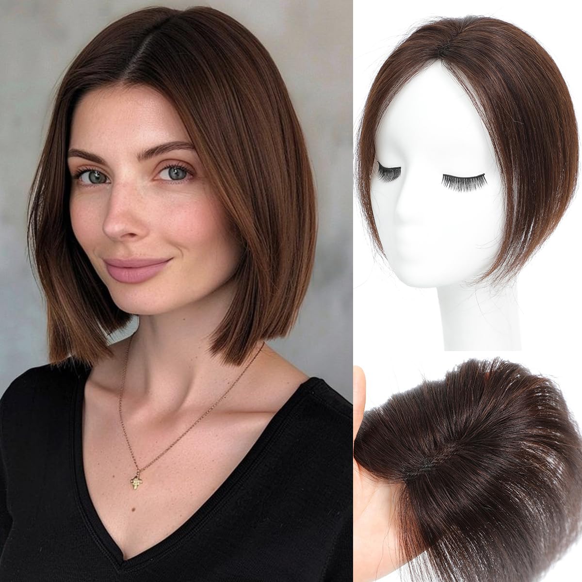 forfeels Hair Toppers For Women Real Human Hair Clip In Bangs Mocha Brown Color Topper 360° Cover 9.8" Wiglets Hairpieces For Solve Slightly Losing